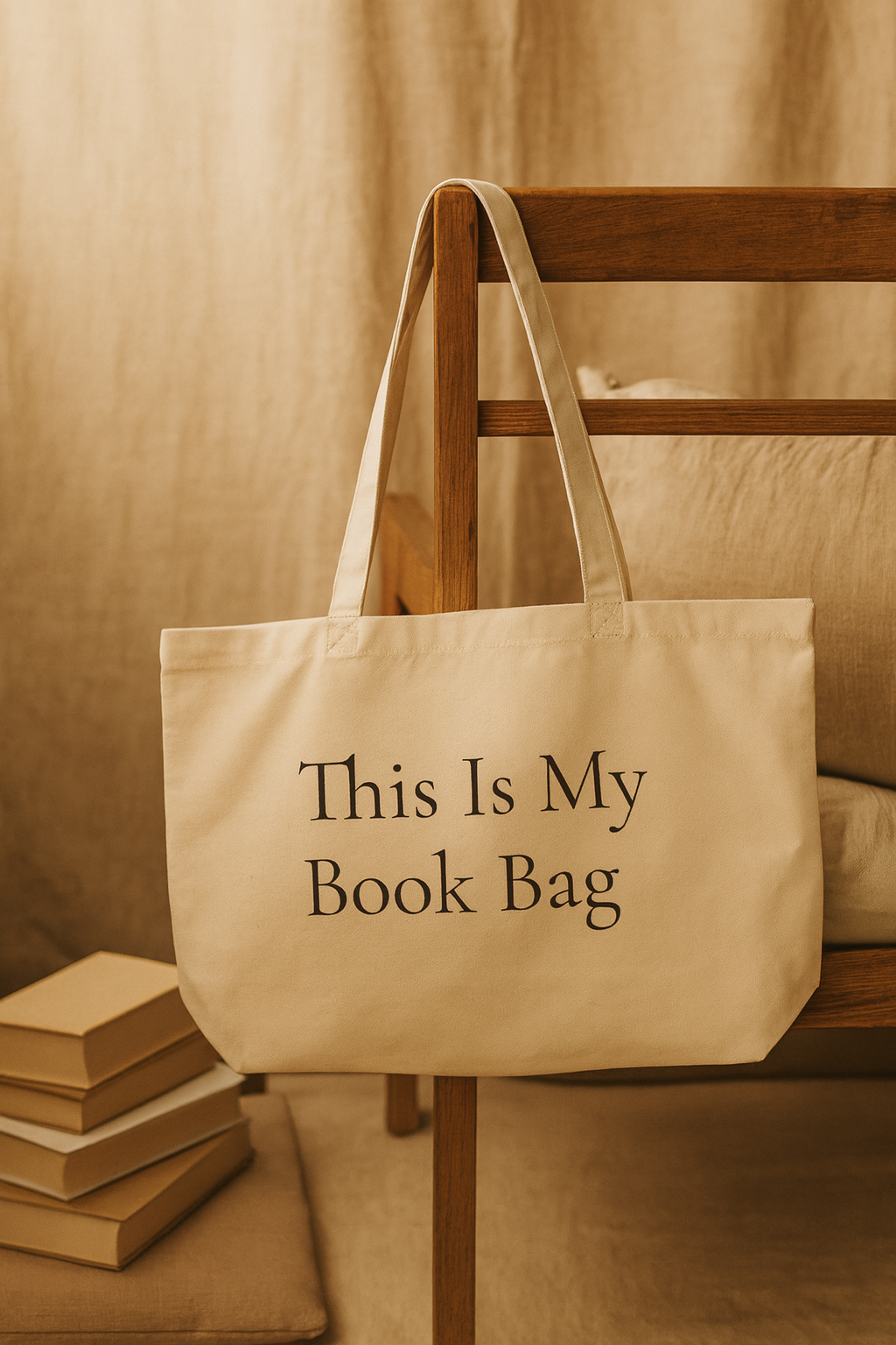 Beige canvas tote bag with the phrase ‘This Is My Book Bag’ hanging on a wooden chair in a warm, cozy reading nook with stacked books beside it.