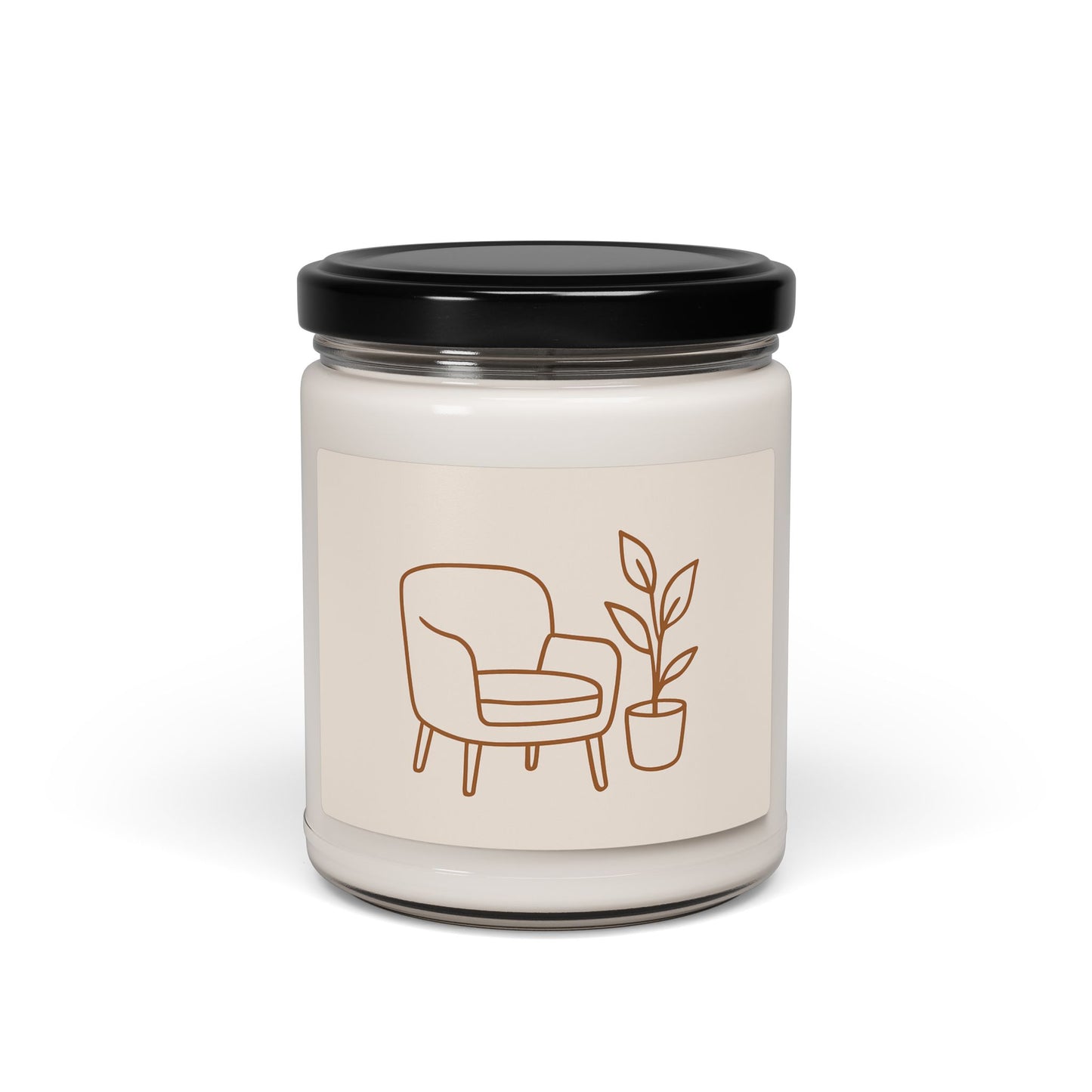 Minimalist beige 9oz soy candle with line-art armchair and plant illustration, part of the Cozy Reading Nook collection.