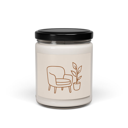 Minimalist beige 9oz soy candle with line-art armchair and plant illustration, part of the Cozy Reading Nook collection.