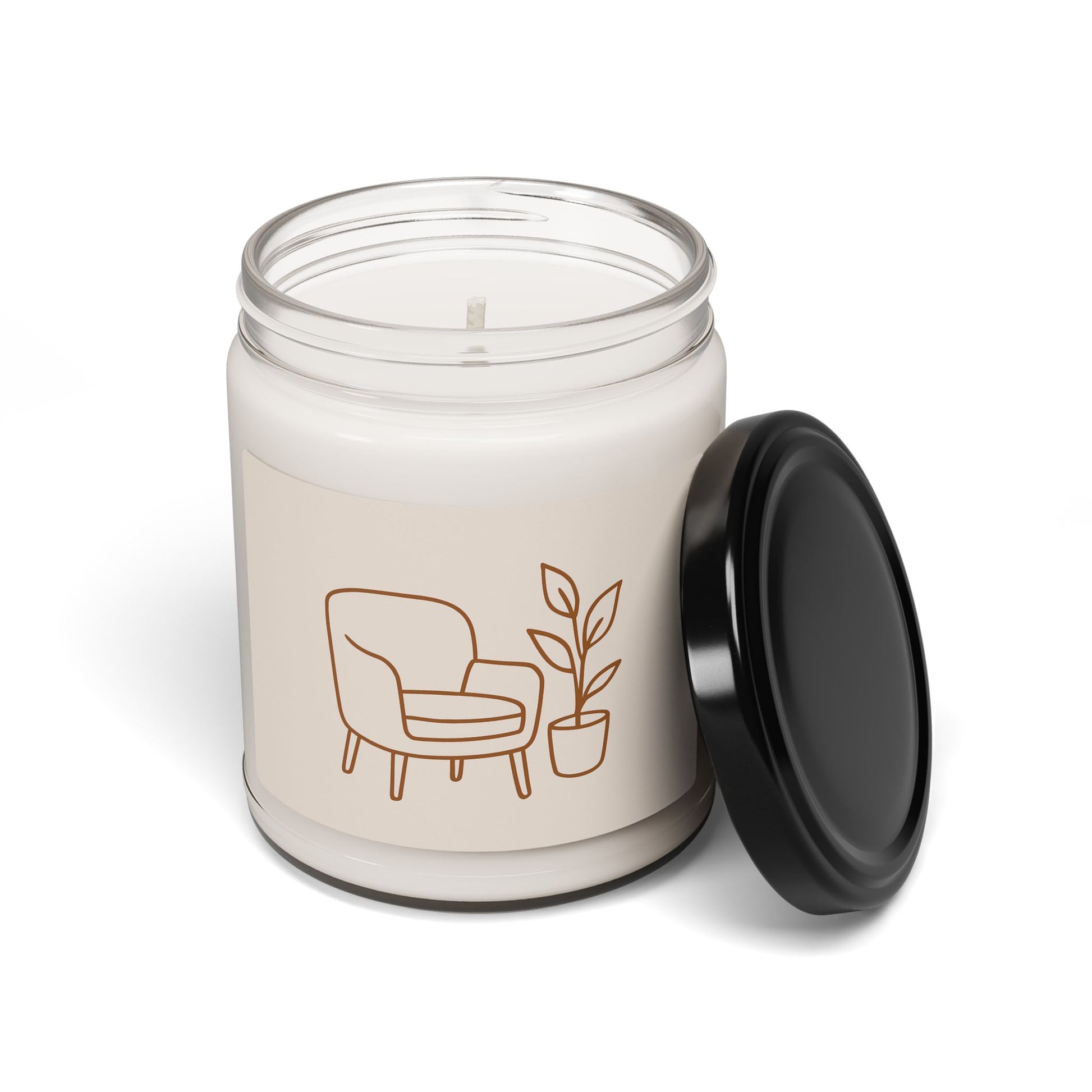 Open 9oz beige soy candle in a clear glass jar with minimalist reading nook line-art label.