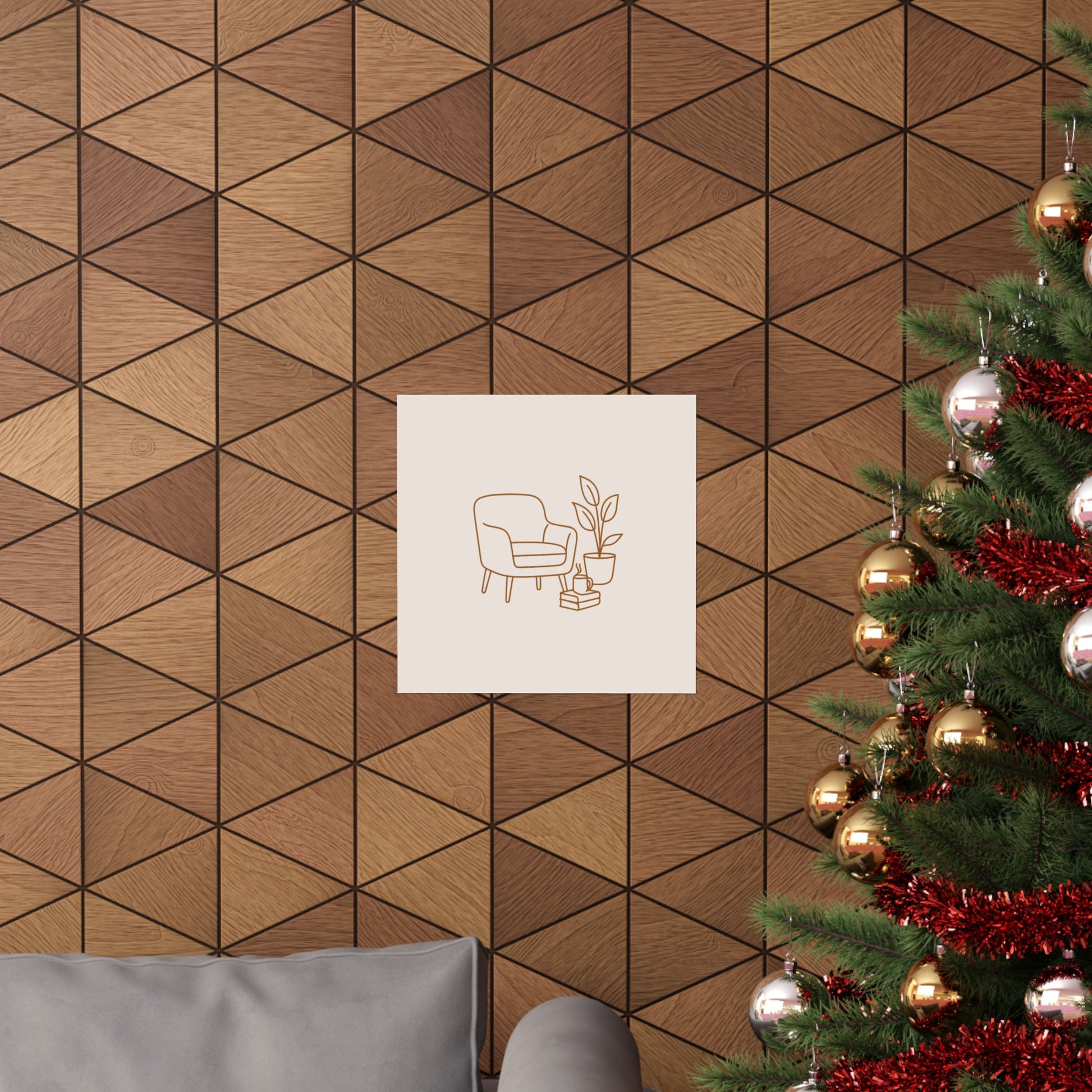 Cozy reading nook wall art displayed in a modern wood-accent living room — neutral minimalist poster featuring chair, plant, and books illustration.