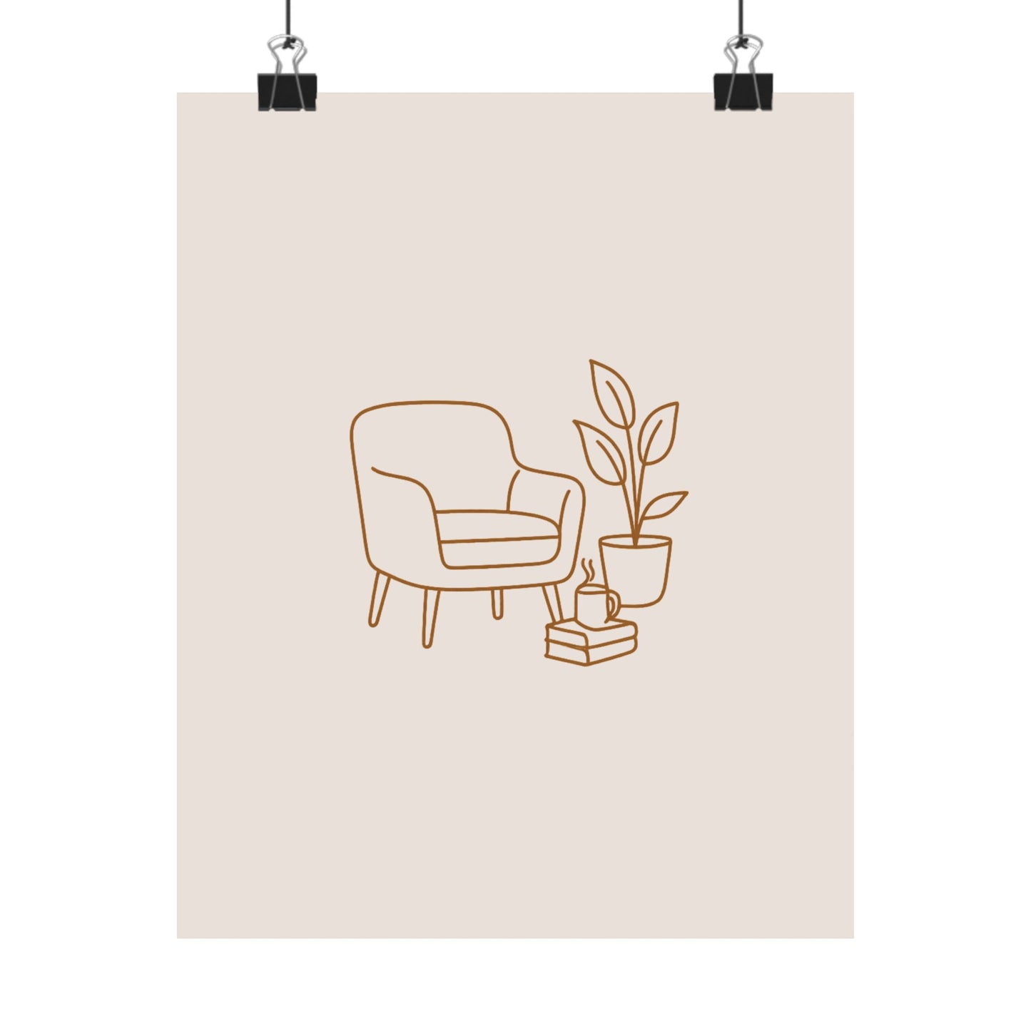 Minimalist cozy reading nook poster with neutral beige background and line-art illustration of a chair, plant, books, and mug — modern wall art for book lovers.