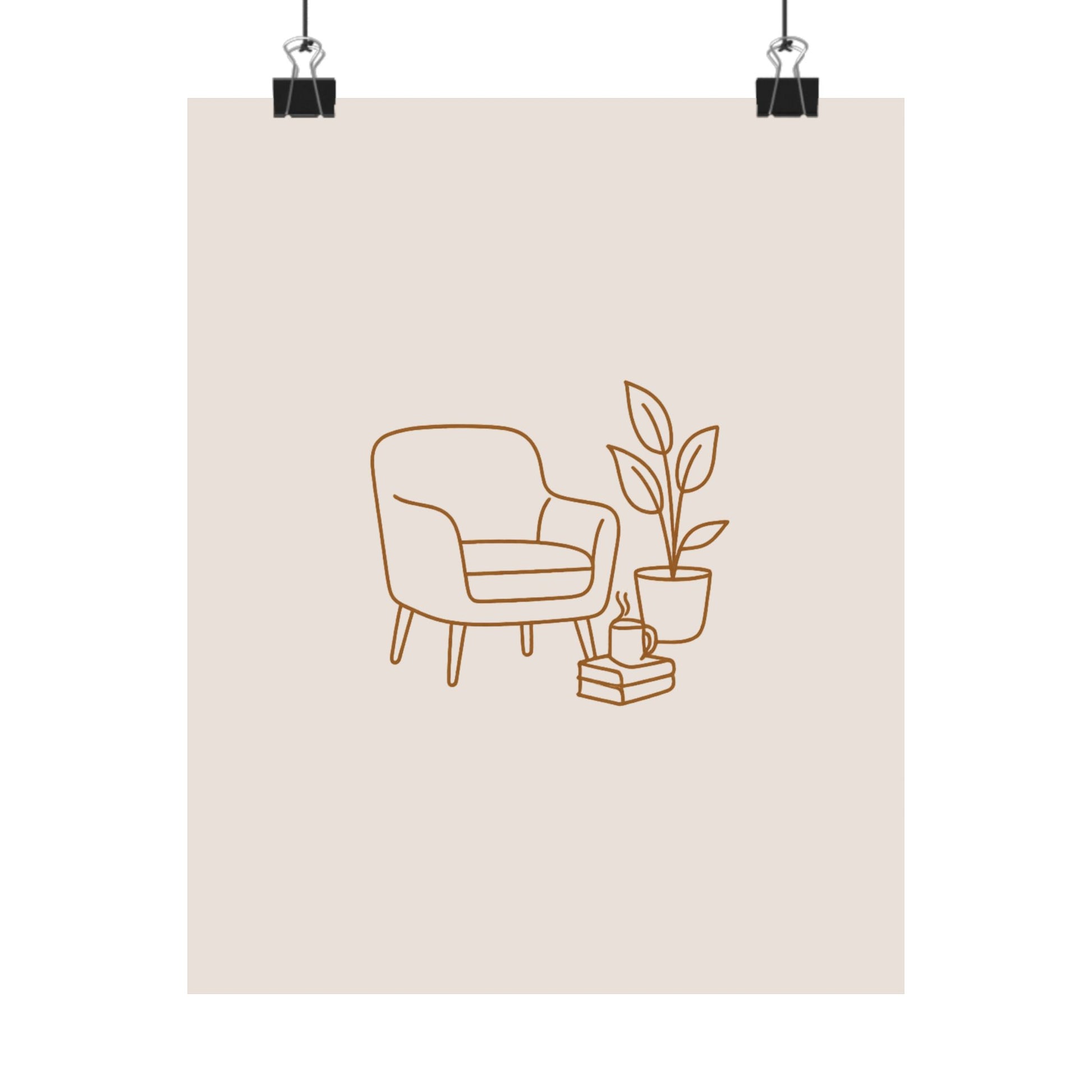 Minimalist cozy reading nook poster with neutral beige background and line-art illustration of a chair, plant, books, and mug — modern wall art for book lovers.