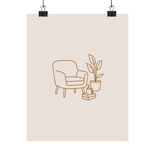 Minimalist cozy reading nook poster with neutral beige background and line-art illustration of a chair, plant, books, and mug — modern wall art for book lovers.